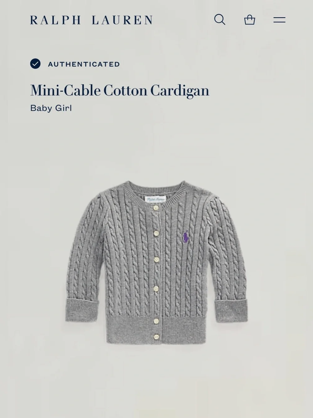 Ralph Lauren Baby Girl Mini-Cable Cotton Cardigan - Gray 9 months